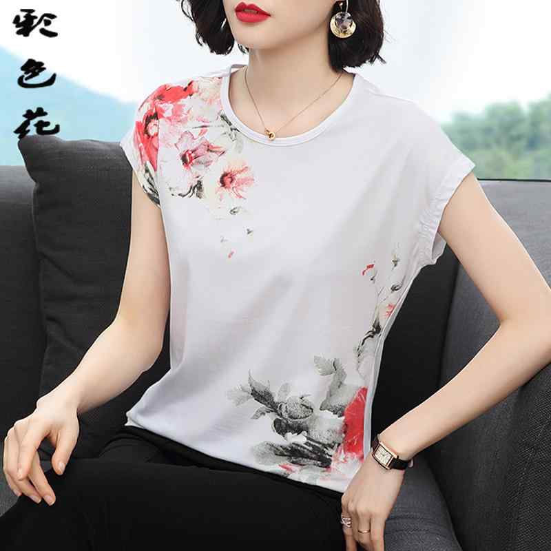 トップス シャツ レディース マザーズ 婦人服 普段使い 女性 半袖 コットン Tシャツ 夏 スリム スタイリッシュ プリント バット スリーブ