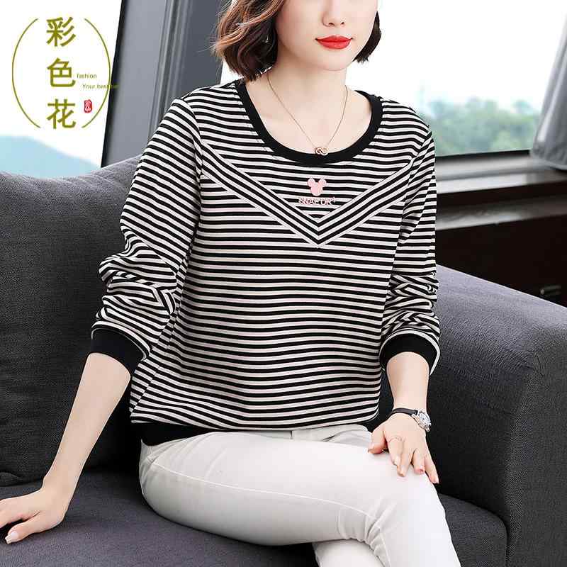 トップス シャツ レディース マザーズ 婦人服 普段使い 女性用 ラウンドネック ストライプ 長袖 Tシャツ 秋 ゆったり おか カバー マザ..