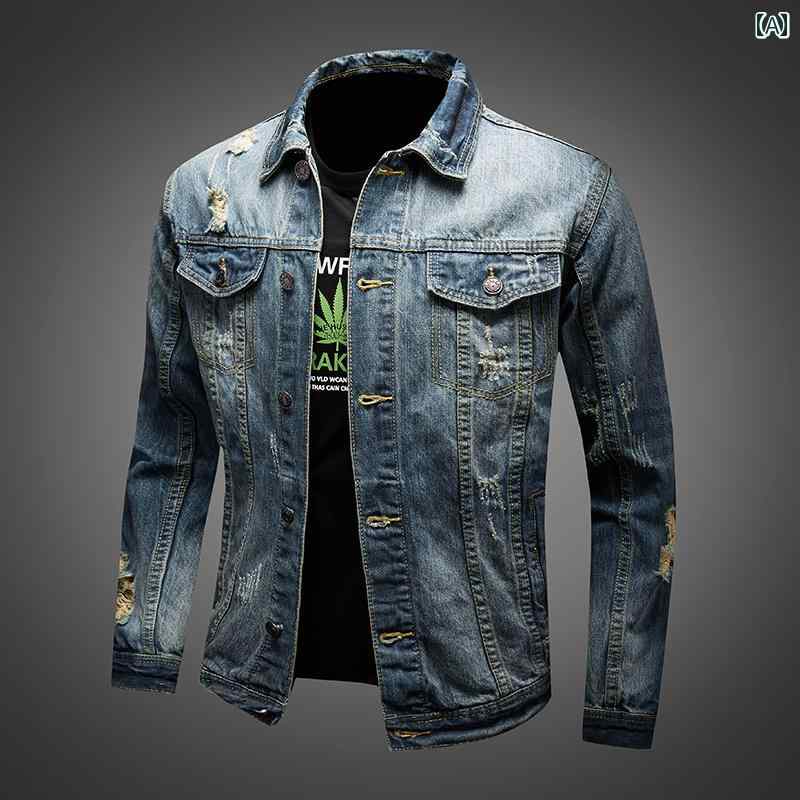 ジャケット デニム ジャケットメンズ アウトドア 春秋 リップド デニムジャケット 韓国 ストレッチ アウタートップス ノスタルジック スリム レトロ