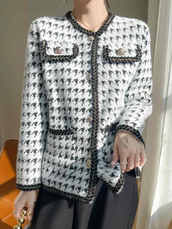 トップス ジャケット レディース カジュアル セーター スタイリッシュ 女性用 ラウンドネックニットカーディガン 千鳥格子 エレガント 良い ニット セーター ショート おしゃれ