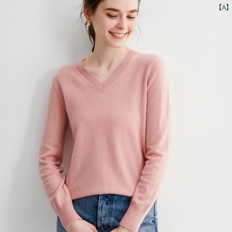V-Neck - セーター ニット ウール100 レディース Vネック 長袖 春秋冬 ソリッドカラー プルオーバー ショート トップス 上品 エレガント シンプル ソフト 暖かい カジュアル オフィス 単8