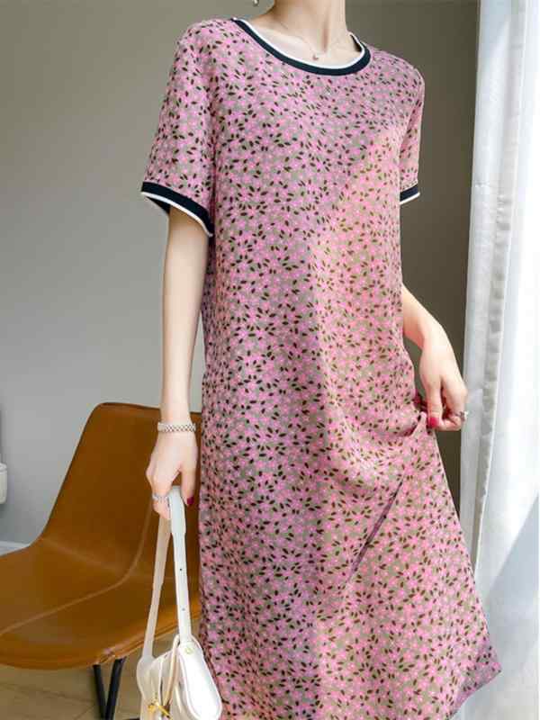 スカート レディース ファッション a ライン アセテート サテン 薄手 カラー ブロック ラウンドネック 花柄 半袖 ロング 女性 ロング