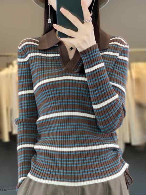 トップス シャツ レディース カジュアル セーター スタイリッシュ ポロ カラー セーター レディース 秋冬 ストライプ おしゃれ レディース 秋 インナー セーター