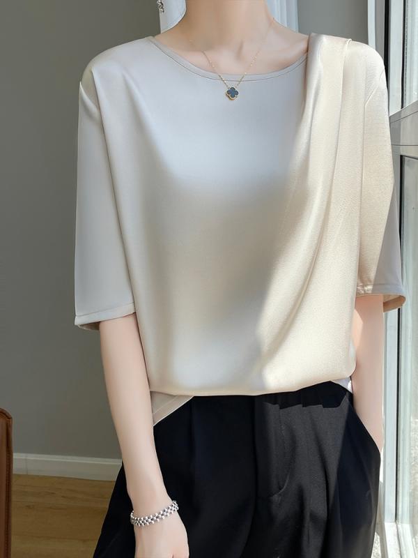 Other - トップス レディース カジュアル おしゃれ アセテート 半袖 不規則 プリーツ Tシャツ 女性 半袖 薄手 ラウンドネック 五分袖 無地 インナー
