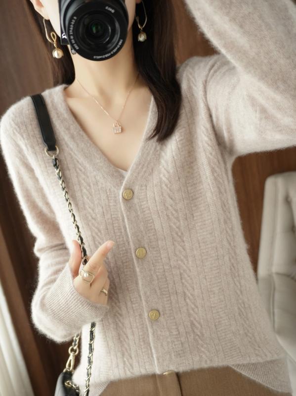 トップス ジャケット レディース セーター カジュアル 春 セーター 女性 Vネック 長袖 無地 ジャカード ニットカーディガン ウール