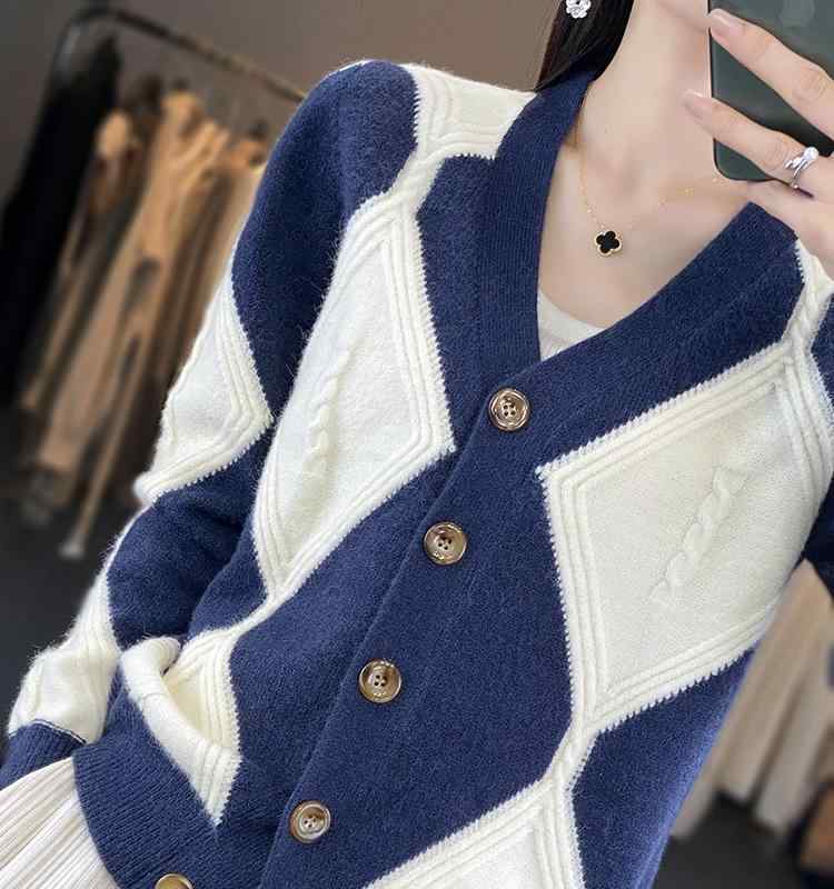 Rakuten - トップス コート レディース カジュアル セーター スタイリッシュ 女性 ニット セーター カーディガン 秋 Vネック カラー ブロック 長袖 薄手 スリム おしゃれ