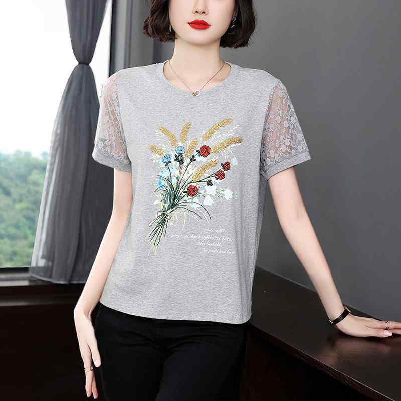 トップス レディース カジュアル 普段使い マザーズ 夏 高齢者 ルース コットン Tシャツ 女性 夏服 女性 レース ステッチ 刺繍