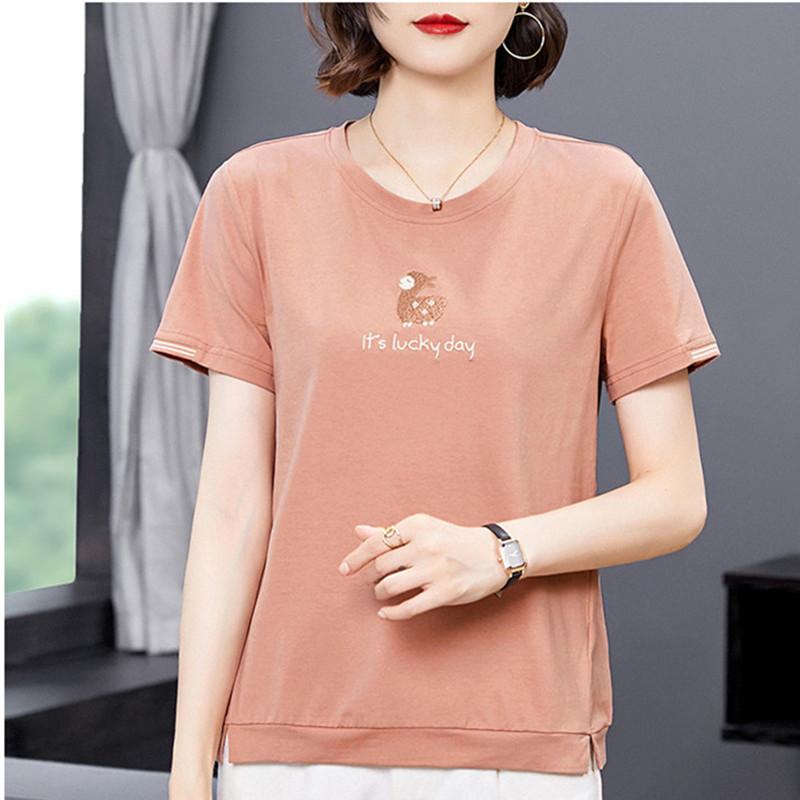 トップス シャツ レディース カジュアル 普段使い マザーズ 夏 女性 半袖 コットン Tシャツ 夏 大きいサイズ 刺繍入り 多目的