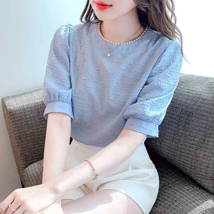 短袖 - シャツ トップス シャツ レディース ブラウス 夏 大人 かわいい 爽か 女性 薄手 パフスリーブ シフォン シック 半袖 直角 ショルダー