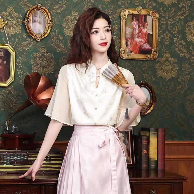 シャツ トップス シャツ レディース ブラウス 立ち襟 夏用 馬顔スカート 日常用 半袖 スタンドカラー レトロ 婦人服 中華風(4.0)