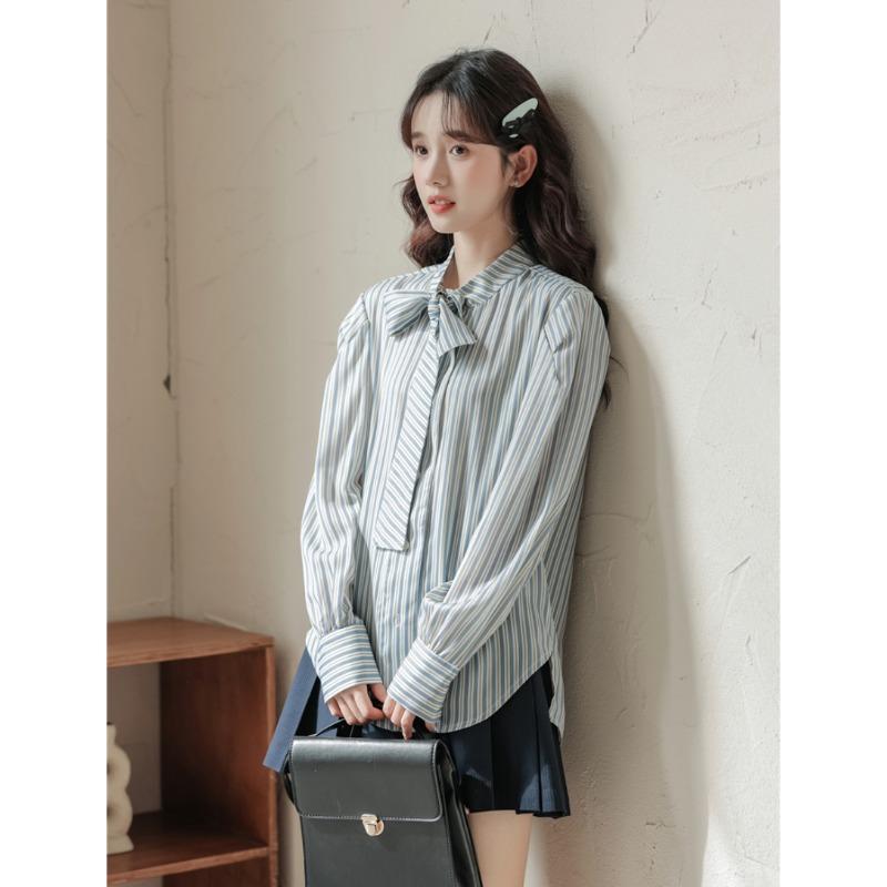 Blouses - シャツ ブラウス レディース スタイリッシュ ビジネス 春 カレッジ ストライプ 通勤 レースアップ ボウ 長袖 レディース