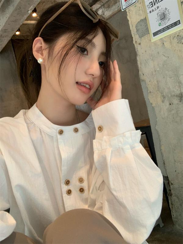 トップス シャツ レディース ファッション 芸術的 高級感 フレンチ ラウンドネック ダブルブレスト 中国 ホワイト ビレッジ