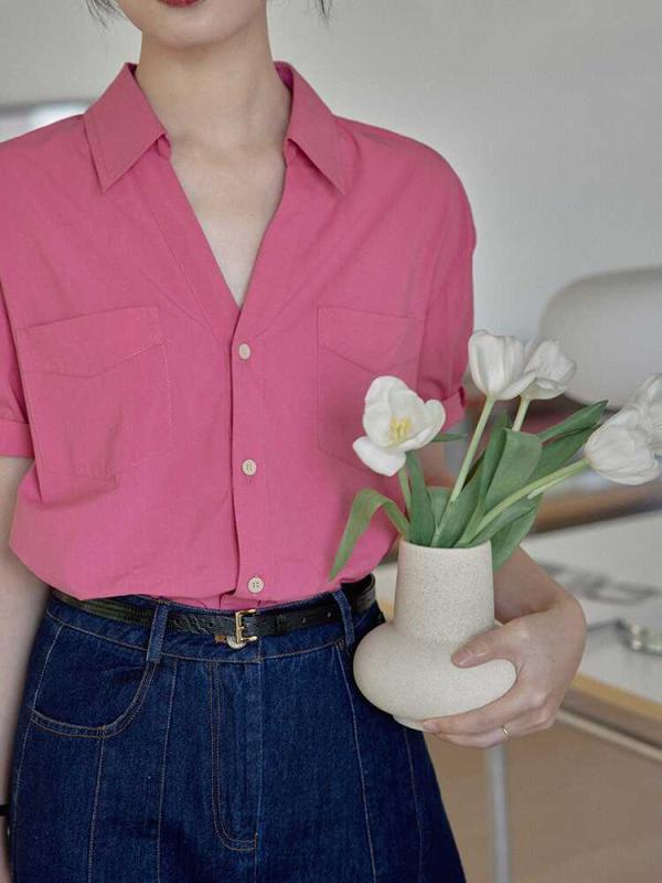 シャツ トップス レディース ファッション ブラウス 夏 綿 ダブル ポケット レディース 夏 フレンチ レトロ v ネック 半袖