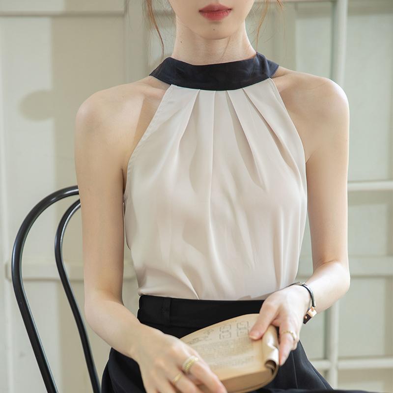 トップス レディース ファッション ホルターネック ノースリーブベスト 女性 夏 フランス スリム セクシー 優しい ショート オフ ショルダーサスペンダー