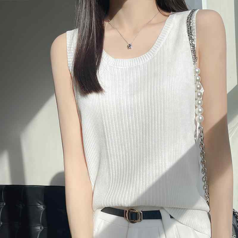 トップス レディース ファッション ホワイト 冷感 ラウンドネック キャミソール ゆったり アウター スタイリッシュ 大きいサイズ ニット スリム インナー ノースリーブ Tシャツ(4)