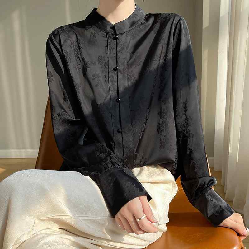 Rakuten - トップス シャツ レディース カジュアル 婦人服 中華風 スタンドカラー 漢 女性 ハイエンド アセテート サテン ジャカード 高級感 シック