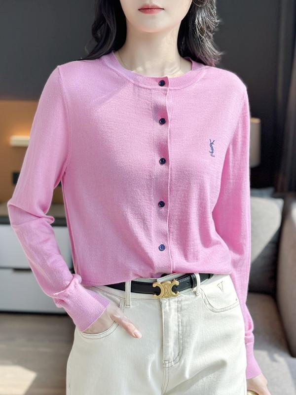 トップス レディース ファッション 対照的 色 刺繍 メリノウール ニットカーディガン レディース ラウンドネック カジュアル 日焼け防止