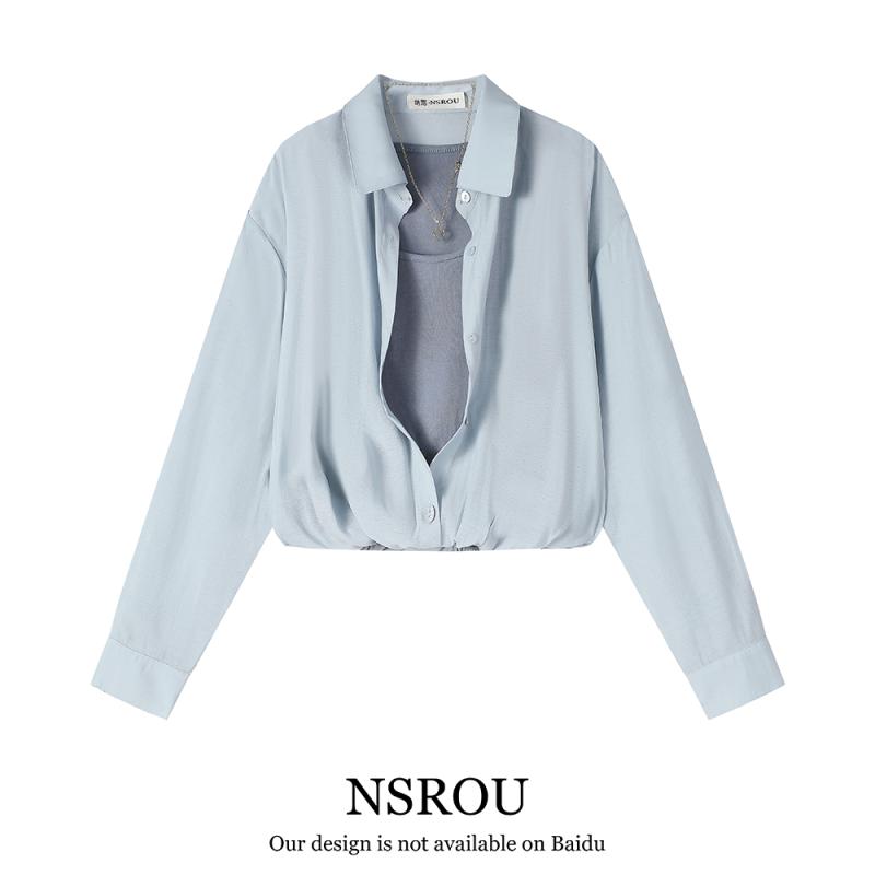 Rakuten - シャツ ジャケット トップス レディース ファッション 春秋 女性 フレンチ ショート フェイク ツーピース ブルー 小柄