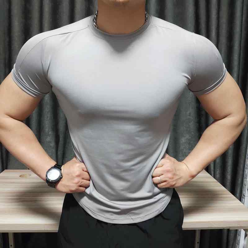 シャツ Tシャツ マッスル メンズ 筋肉質 高弾性 タイト スポーツウェア 半袖 ソリッドカラーラウンドネ..