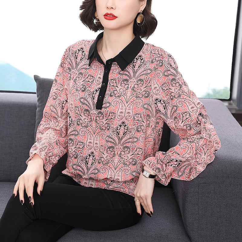 トップス レディース カジュアル 快適 マザーズ 普段着 婦人服 ママ 春服 女性用 ゆったり 長袖 シフォン 春秋 大きいサイズ ポロ カラー