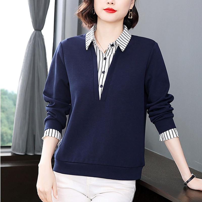 シャツ トップス レディース ファッション カジュアル 婦人服 普段着 春 フェイク ツーピース ストライプ スプライシング 綿 Tシャツ 女性 春秋 摩耗