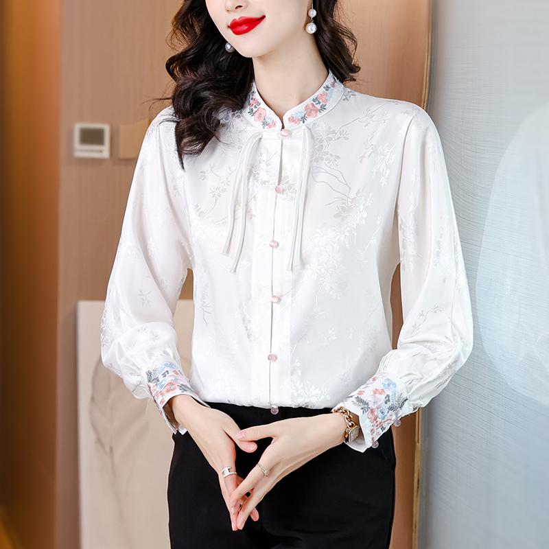 トップス ドレス レディース カジュアル 快適 マザーズ 普段着 婦人服 春服 刺繍 チャイナ プレート ボタン スタンドカラー シフォンシャツ 女性用