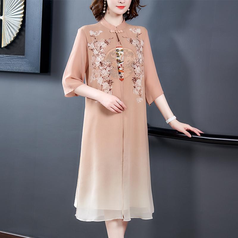 Kasa Women's One Piece Elegant, sophisticated, women's clothing, mother's clothing, summer, Chinese style, mid-sleeved, loose fit, plus size.Sai Body shape coverage for women aged 40 and 50