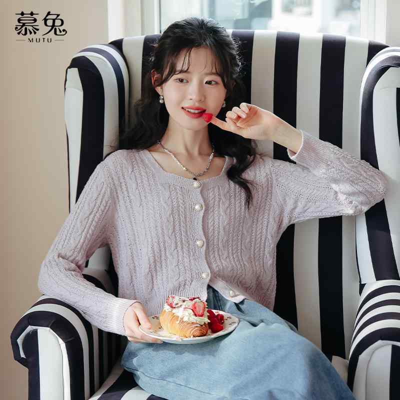 ジャケット トップス レディース ファッション フレンチスクエア ネックニットカーディガン 女性 春 小さい ショート 長袖(4.0)