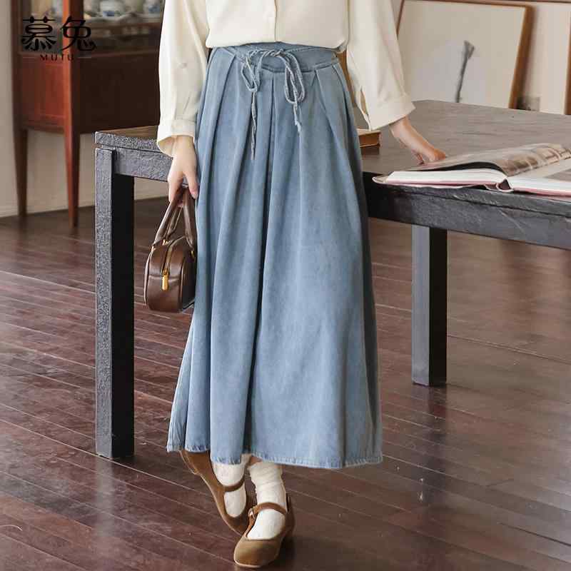 Rakuten - スカート レディース ボトムス ハイウエスト プリーツスカート 女性 春 小柄 ミディアム 丈 デニム a ライン