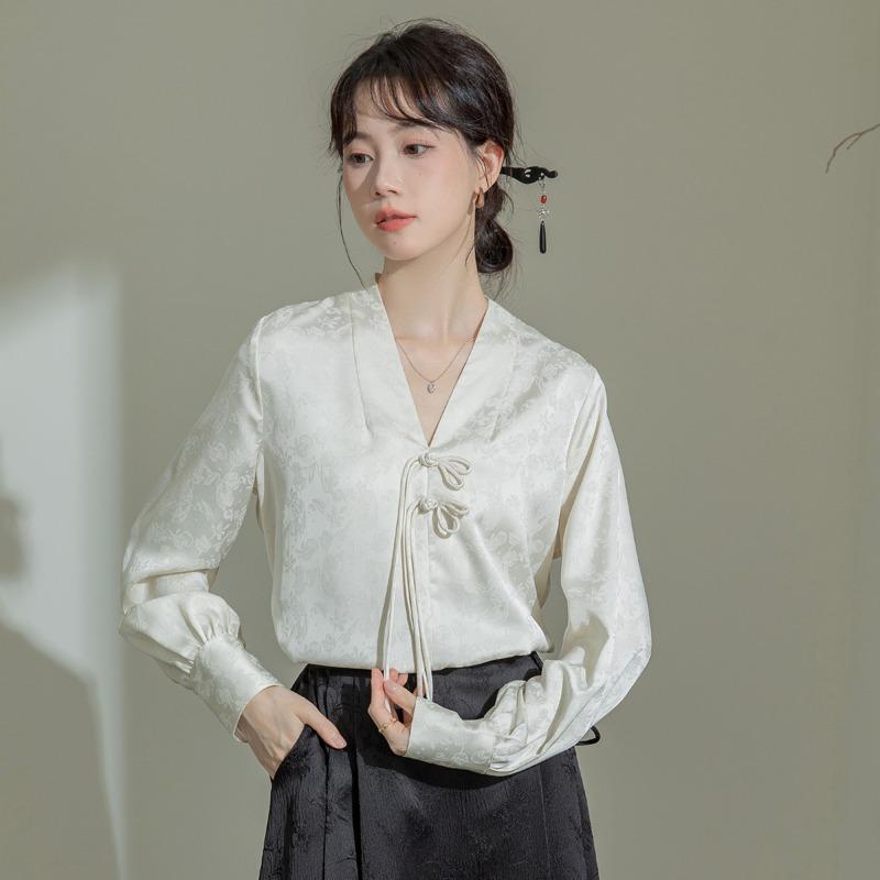 トップス シャツ レディース ファッション カレッジ 大人かわいい 中華風 ジャカード Vネック ディスク ボタン 女性 春夏 ゆったり スリム 長袖