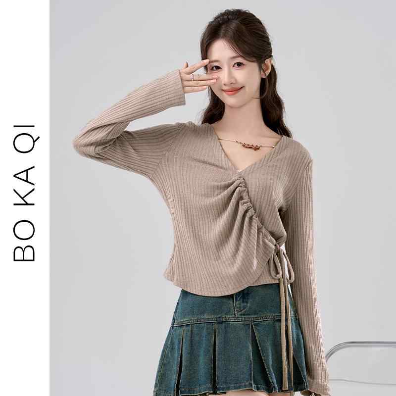 V-Neck - シャツ トップス レディース ファッション 春秋 Vネック 不規則 ニット セーター 女性 ガーリー カレッジ おしゃれ 長袖