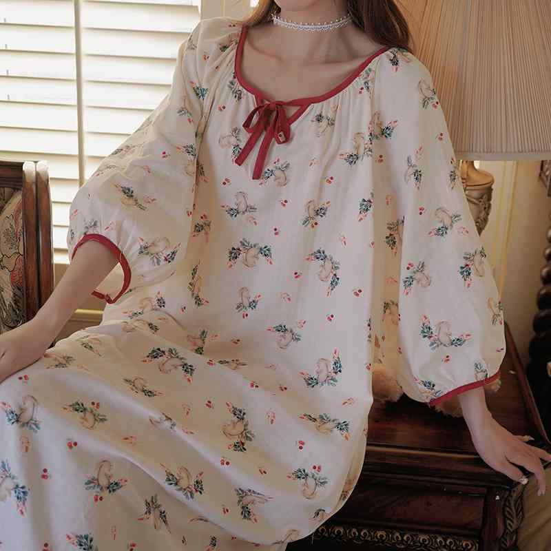 ドレス ネグリジェ パジャマ かわいい 宮廷風 レディース 韓国 ガールズ かわいい ウサギ プリント ロング ナイトガウン 女性 夏 綿 ガーゼ 花柄 ガールズ