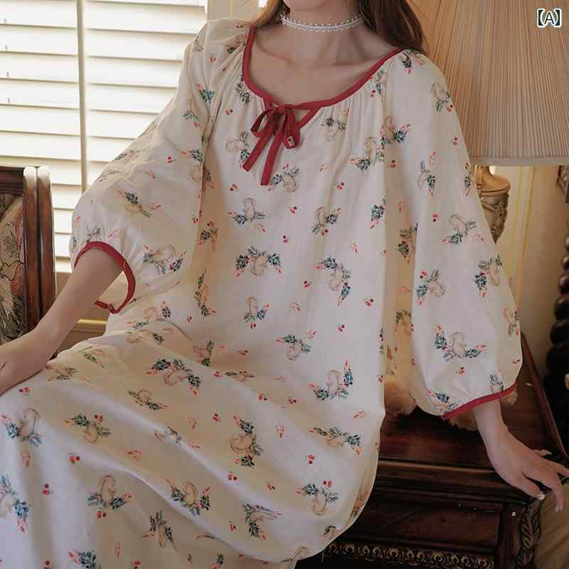 ドレス ネグリジェ パジャマ かわいい 宮廷風 レディース 韓国 ガールズ かわいい ウサギ プリント ロング ナイトガウン 女性 夏 綿 ガーゼ 花柄 ガールズ