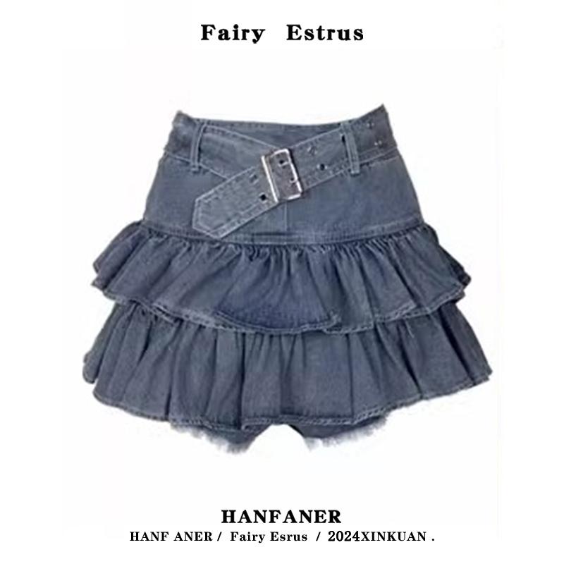 スカート レディース ファッション ボトムス スタイリッシュ ガール フリル デニムスカート 女性 夏 ハイウエスト パフ スリムフィット プリーツ ショート