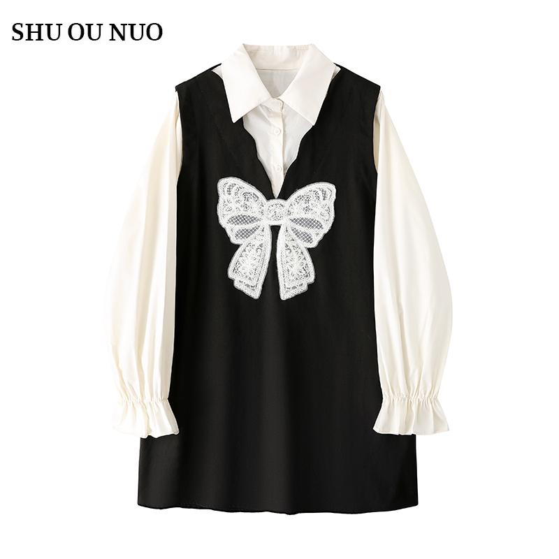 ドレス スカート レディース ファッション 精巧 ガーリー フェイク ツーピース 春夏 カジュアル カレッジ スリム aライン