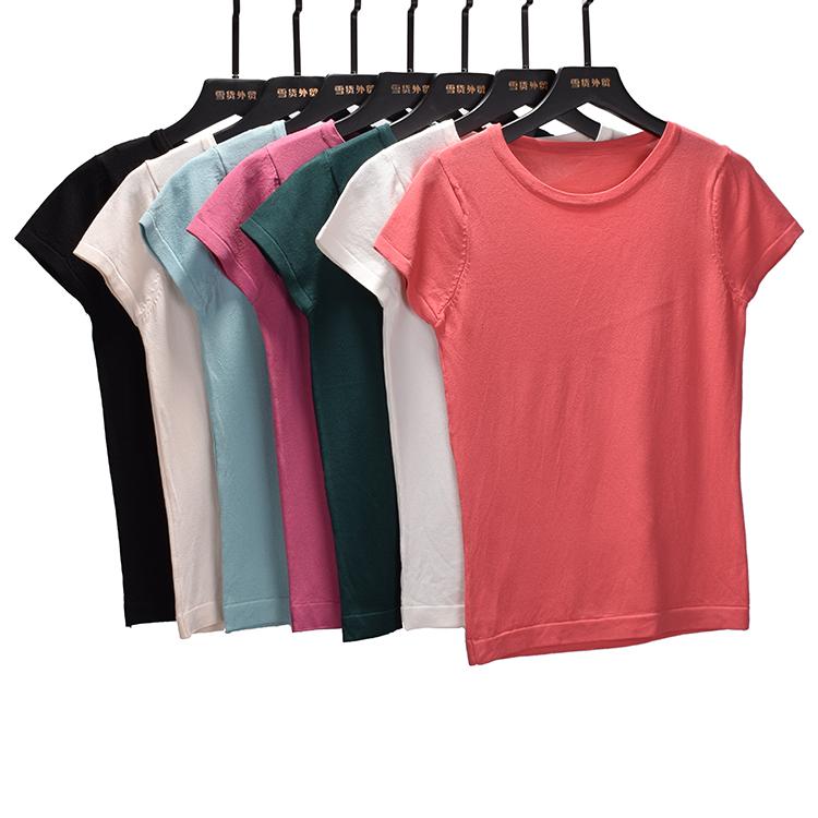トップス レディース ファッション 半袖 セーター 夏 冷感 ショート Tシャツ スリムフィット ラウンドネック 弾性 ソリッドカラー(4)