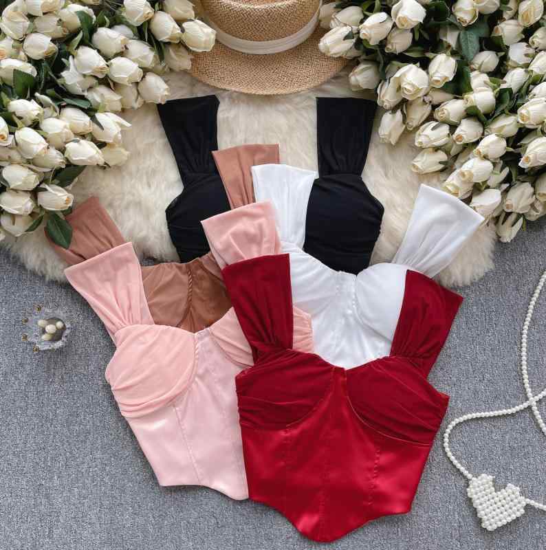 トップス シャツ レディース ファッション ハイエンドキャミソール アメリカ メッシュ スプライシング サテン チューブ トップ スタイリッシュ ガール 着