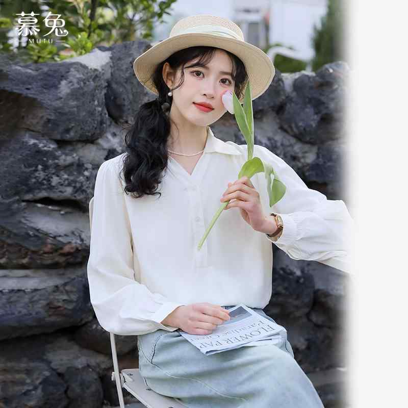 Long-Sleeved - シャツ トップス レディース ブラウス 上品 フランス ハイエンド ブルー ポロ カラー 女性 カレッジ ガーリー 秋 長袖