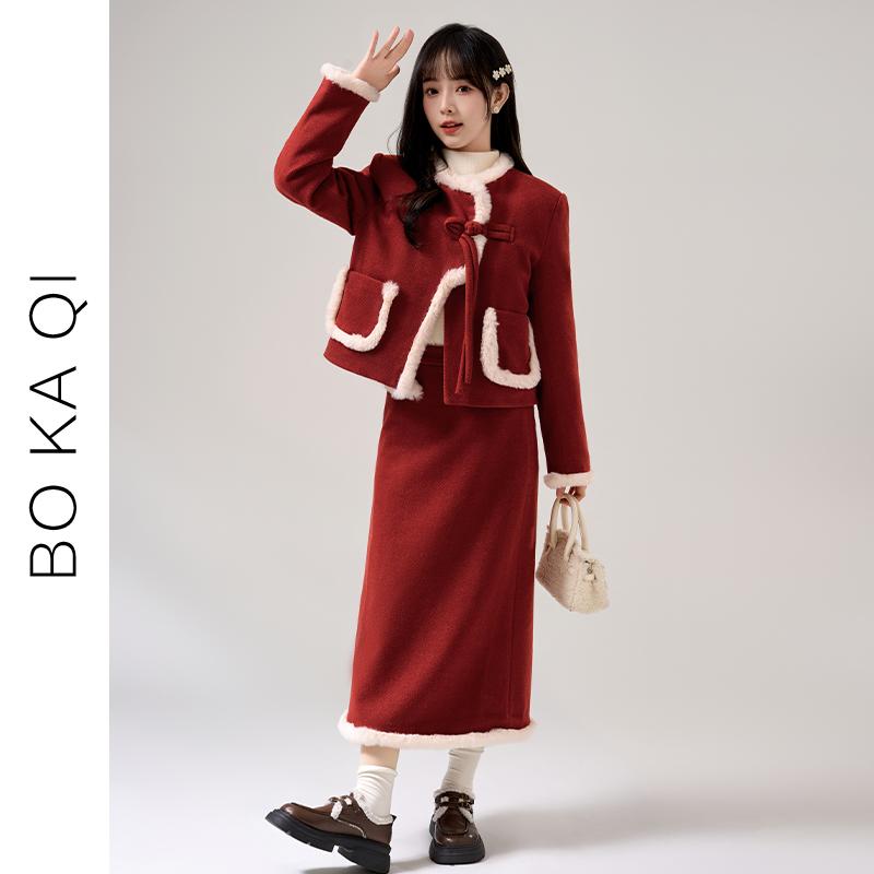 コート スカート レディース ファッション 冬 干支年 赤 ラウンドネック 厚手 ショート ガーリー ハイウエスト 大晦日