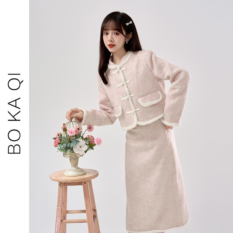 コート スカート レディース ファッション スタンドカラー バックル ショート ガーリー ハイウエスト 中華風 冬