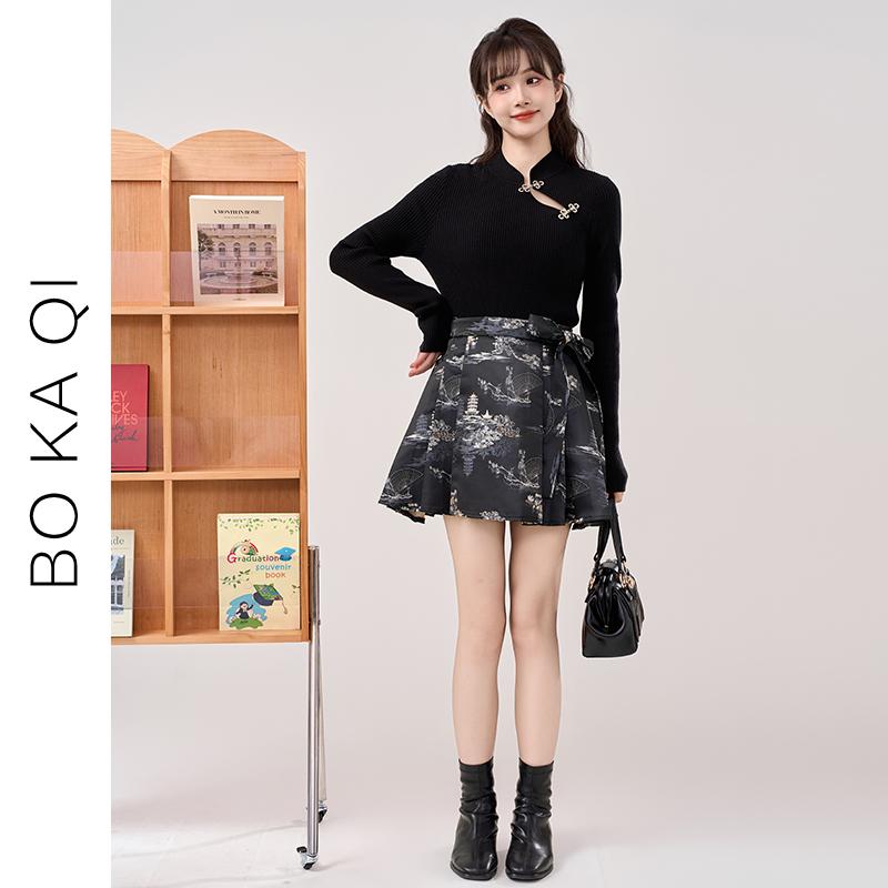 スカート レディース ファッション 春秋 黒 スリム ボタン ニット セーター ガーリー ハイウエスト ショート 中華風(4)