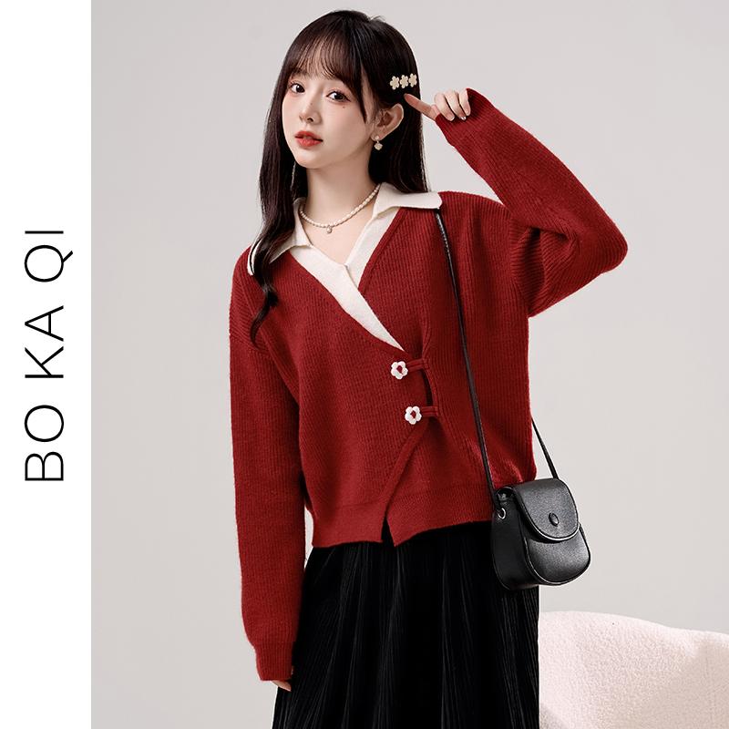 Rakuten - レディース ファッション 秋冬 干支年 赤 Vネック フェイク ツーピース セーター 女性 ガーリー カレッジ ショート プルオーバー セーター