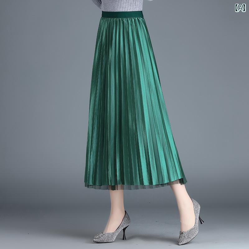 レディース ファッション メッシュ スカート 春夏 ハイウエスト Aライン プリーツスカート 丈 大きめサイズ スリム ドレープ ガーゼ