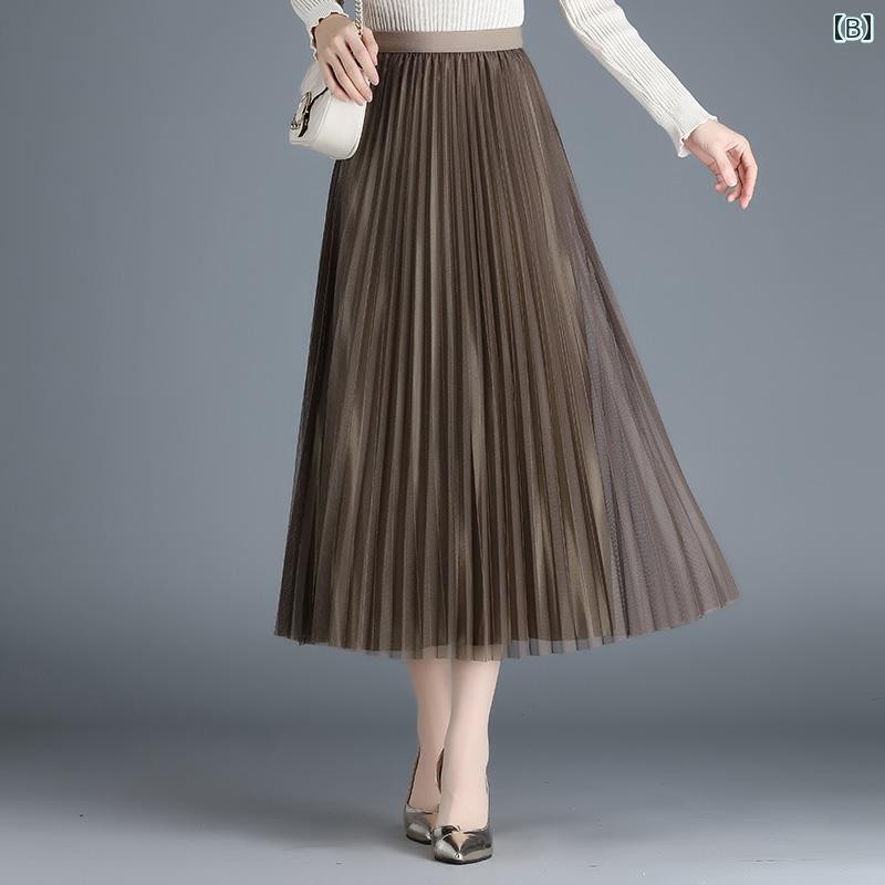 セキュアデポのレディース ファッション メッシュ スカート 春夏 ハイウエスト Aライン プリーツスカート 丈 大きめサイズ スリム ドレープ ガーゼ｜アングル2