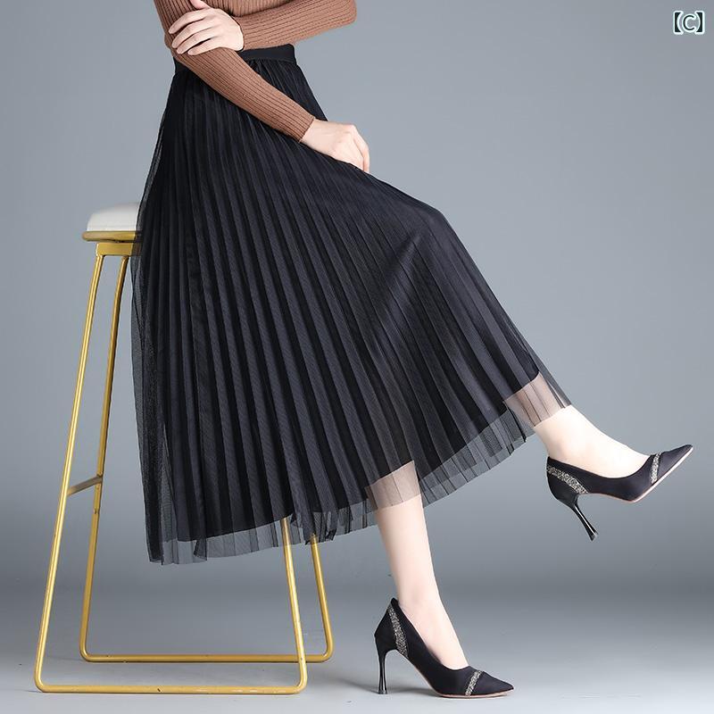 セキュアデポのレディース ファッション メッシュ スカート 春夏 ハイウエスト Aライン プリーツスカート 丈 大きめサイズ スリム ドレープ ガーゼ｜アングル3