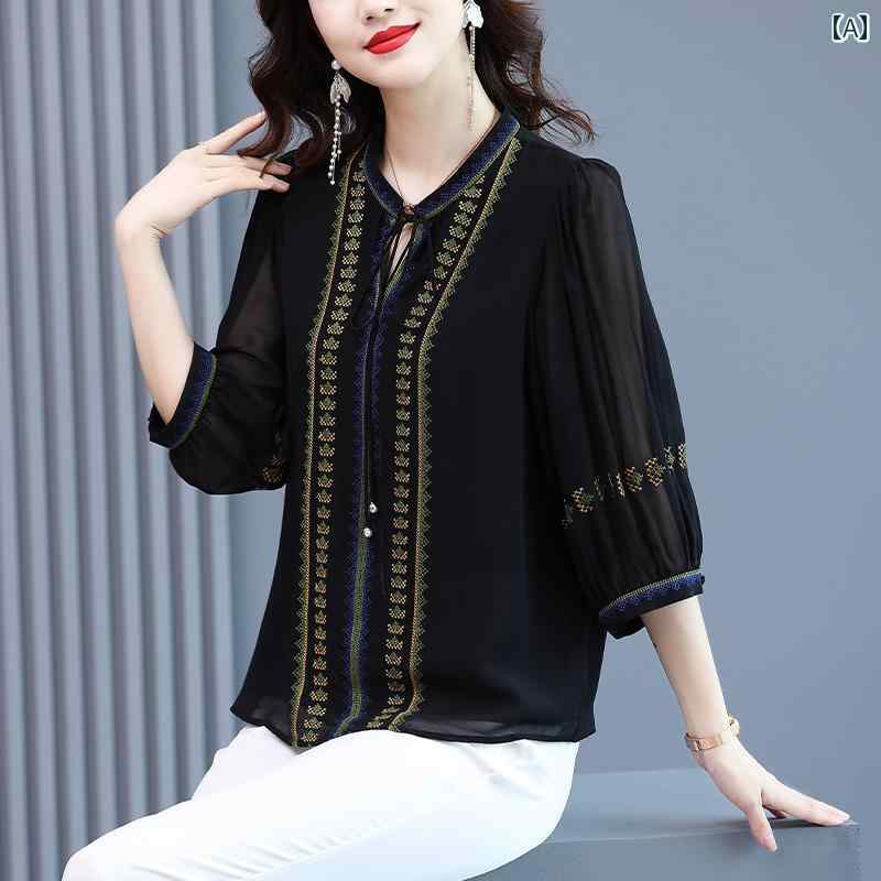 レディース シャツ ブラウス 七分袖 トップス 秋 オーバーシャツ Vネック 刺繍装飾 チロリアン ヨーロピアン スタイリッシュ フェミニン ビジネスカジュアル 旅行 オフィス