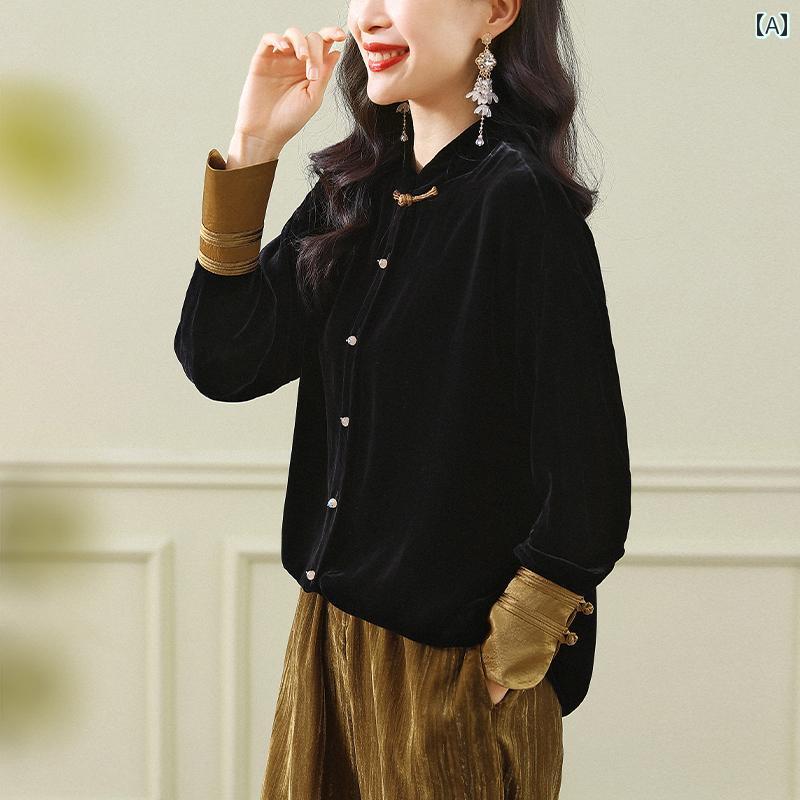 Other - レディース シャツ ブラウス 起毛 チャイナ風 長袖 春秋 アーバン ノーブル スタイリッシュ ショッピング オフィス 学校行事 快適コーデ 婦人服