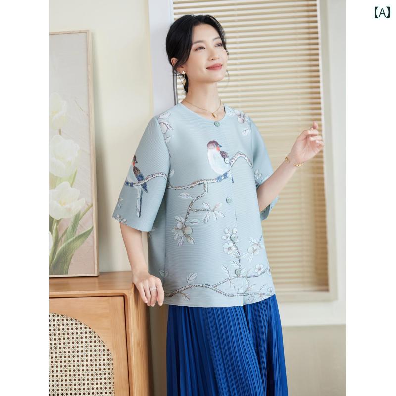 レディース ママ 夏 チャイナ風 トップス 五分袖 ラウンドネック 伝統美 シャツ ジャケット プリント プリーツ