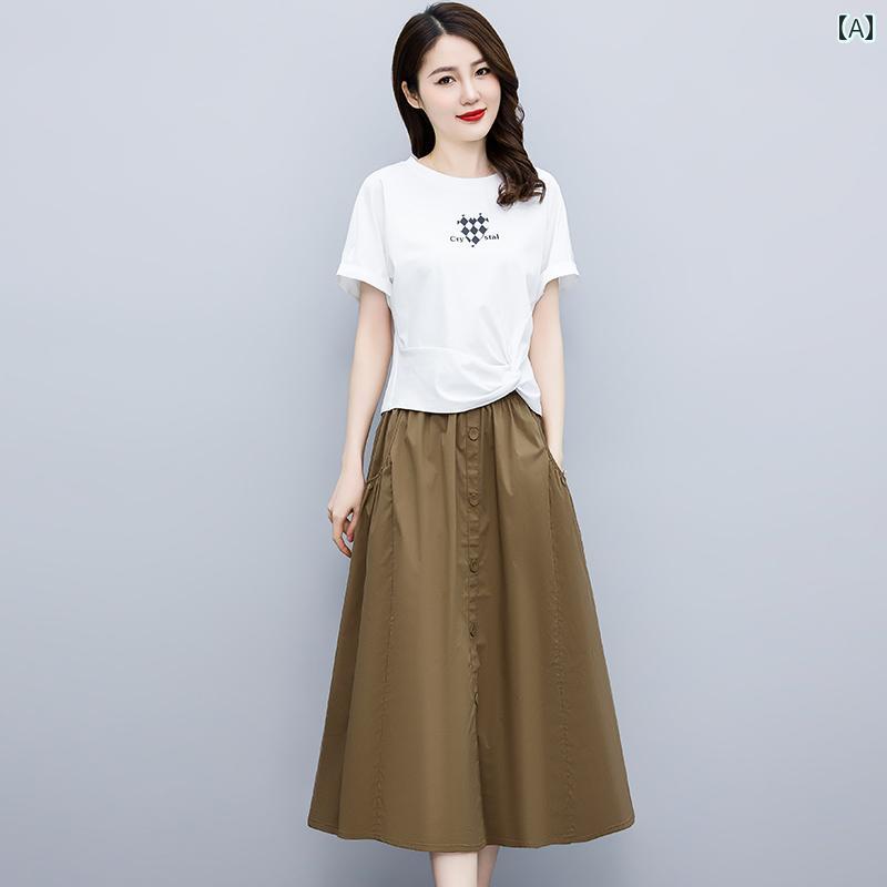 レディース 夏 半袖トップス フレアスカート セット Aライン エレガント おしゃれ きれいめ イベント パーティー レジャー 日常着 ディナー アップ