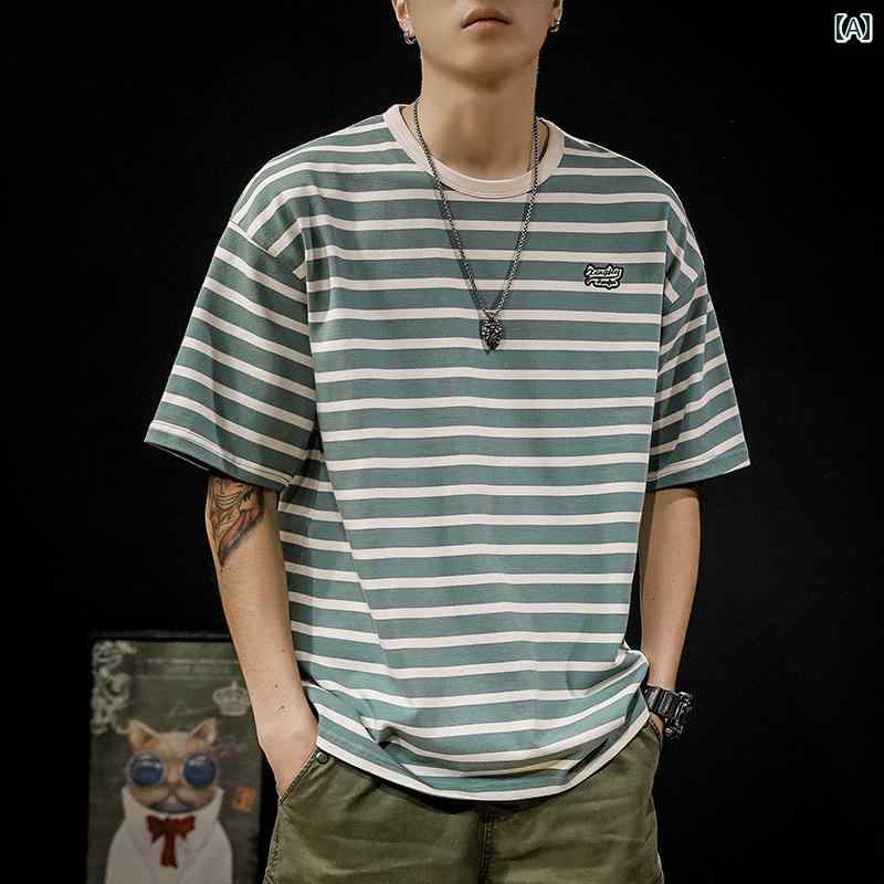 Tシャツ 夏 メンズ 綿 ストライプ 半袖 大きめサイズ アメリカン ラウンドネック メンズ 刺繍 カジュア..